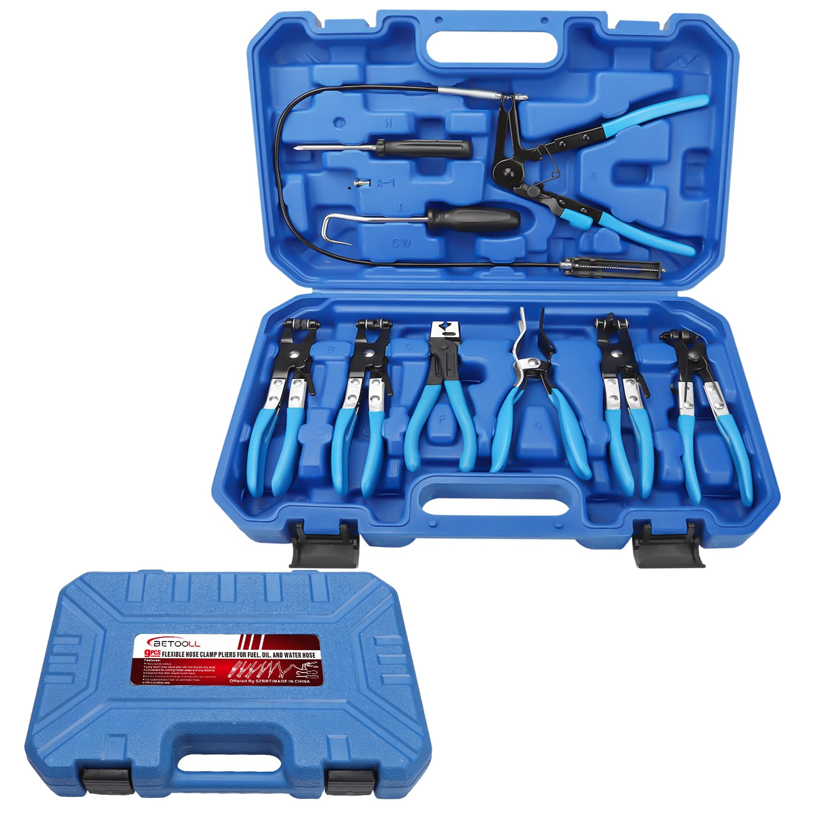 Photo 1 of BETOOLL 9pc Hose Clamp Pliers, Professional Automotive with Flexible Wire Long Reach, Clic R Type Swivel Jaw and Flat Band Pliers for Coolant Radiator Heater/Water Hose (Blue)