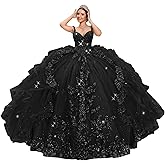TRHTX Princess Layered Tulle Quinceanera Dresses Spaghetti Straps Ball Gown Glitter Lace Sweet 16 Dresses