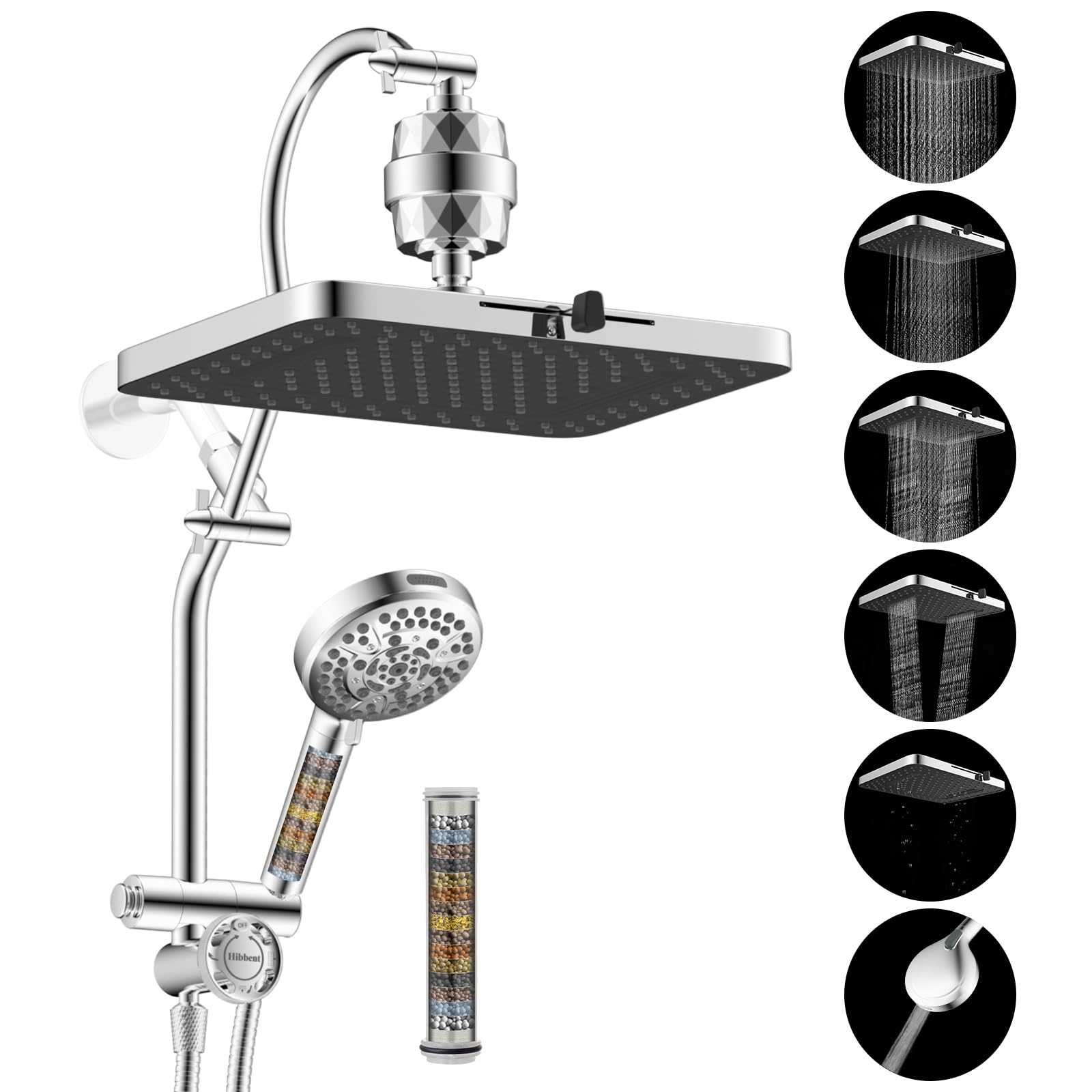 Photo 1 of Hibbent 5-spray Dual Filtered Rainfall Shower Head Combo, High Pressure 13'' Showerhead with 10 Spray Mode Handheld, Easy Reach 4-way Diverter Shower Arm with Pause Mode, 71'' Hose and Holder, Chrome
