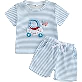 DSOKUHIB Toddler Baby Boy 4th of July Outfit Stars Stripes Cart Embroidery Short Sleeve T Shirt Shorts Set Summer Clothes