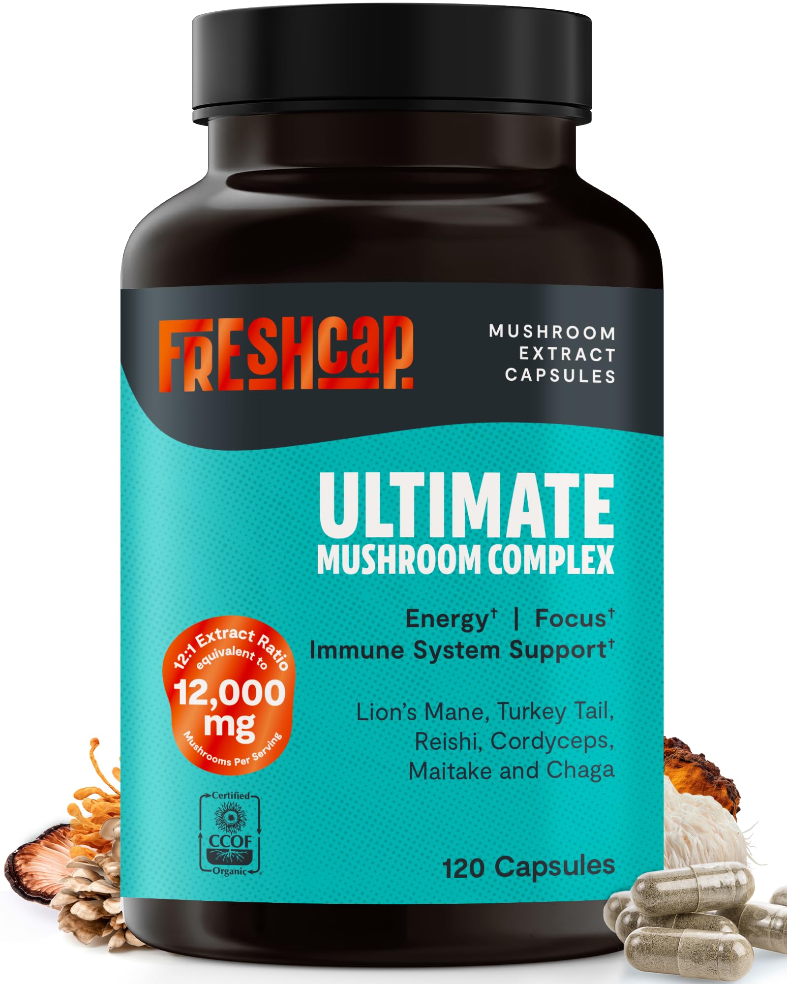 FreshCap Mushrooms Ultimate Mushroom Supplement 12,000mg - Nootropic Mushroom Complex Capsules, Organic Supplement, Brain Supplements for Memory and Focus Ayurveda (120 Capsules)