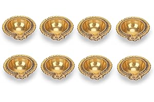 4OUR FAITH Golden Brass Kuber Laxmi Diya Deepak – Handmade Traditional Oil Lamp Set of 8 for Diwali Pooja and Home Decoration, Made of Virgin Brass Metal Perfect for Festival Celebrations