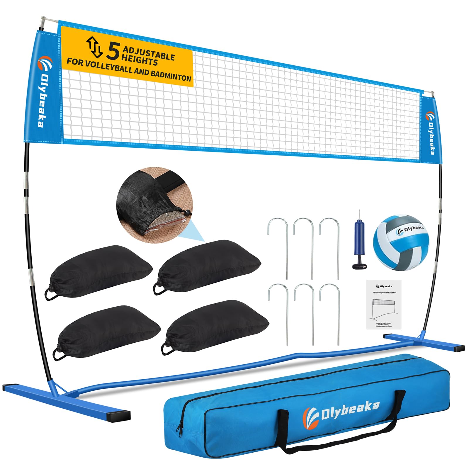 Photo 1 of 12ft/14ft Portable Volleyball Training Practice Net Set 5 Heights Adjustable for Indoor Outdoor with Tetoron Net, Freestanding Base, PU Volleyball, Carry Bag, Sandbags - Instant Set Up