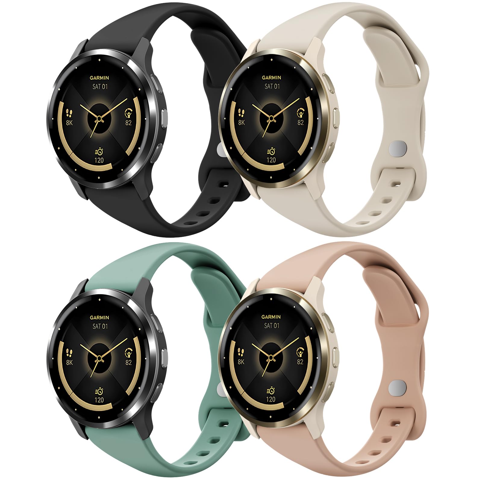 Photo 1 of Huadea 18mm Slim Silicone Watch Bands Compatible with Garmin Venu 3s 41mm/Venu 2s/Vivoactive 4s/Vivomove 3s/Forerunner 255s 265s, Quick Release Thin Soft Sport Strap for Women Men (4 Pack)