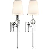 XiNBEi Lighting Wall Light Set of Two, Modern Bedroom Wall Lamp with White Fabric Shade Chrome Bathroom Vanity Wall Light wit