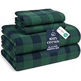 LANE LINEN Cotton Flannel Sheets King Size - Brushed for Extra Softness - King Size 100% Cotton Sheets Set Flannel - Warm &amp; Cozy Flannel Cotton Bed Sheets, 15" Deep Pocket - Buffalo Checks Green