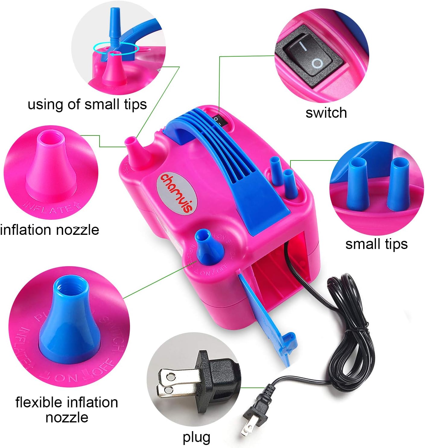 chamvis Electric Balloon Pump Dual Nozzle Inflator Blower for Balloon Column Stand, Party Balloon Arch Kit Decoration US Standard Plug 110V(Red) : Sports & Outdoors