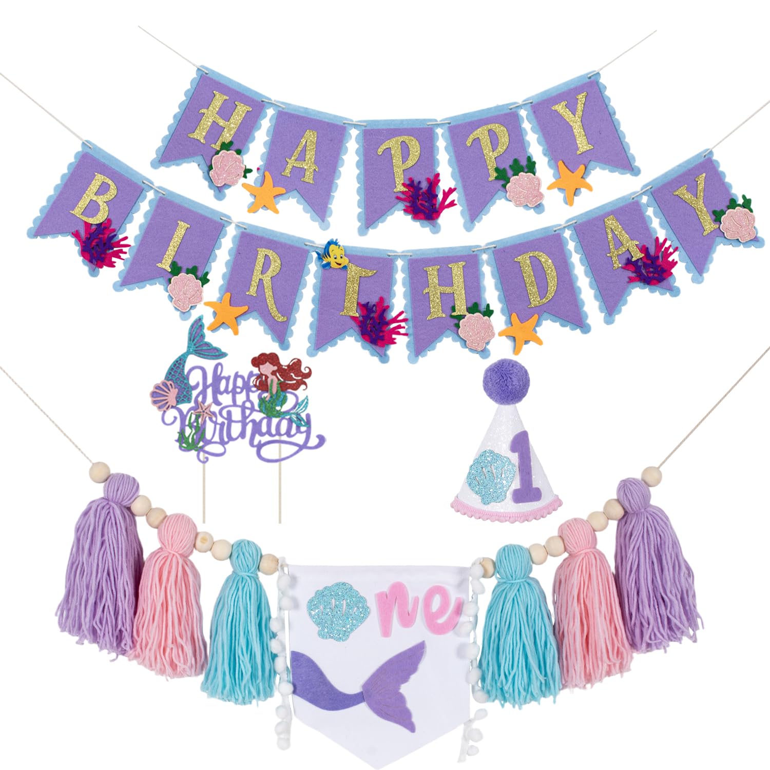 Mermaid 1st Birthday Decorations For Girls-Mermaid High Chair Banner For 1st Birthday Under The Sea Party Decorations,Mermaids Banner Birthday Hat & Cake Topper,First Birthday Mermaids Decorations