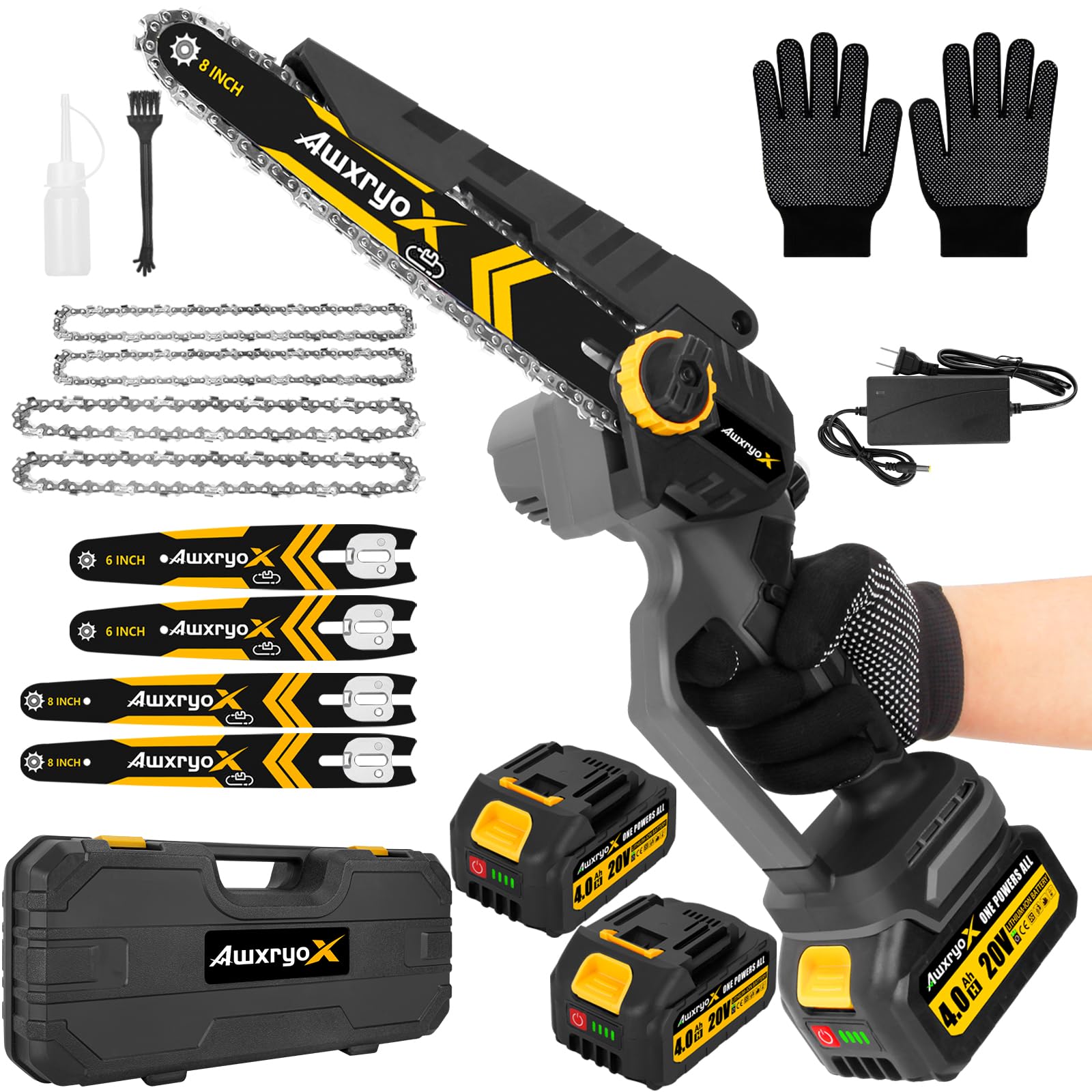 Photo 1 of AwxryoX 8" & 6" Mini Chainsaw Brushless, 2025 Upgraded 2x4.0AH Battery Portable Handheld Small Cordless Saw with 4 x Guide Plate, Electric Hand Saw Motosierra for Wood/Tree Cutting Gardening Pruning