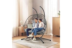 Anranni Double Egg Swing Chair with Stand, 2 Person Outdoor Indoor Hammock Hanging Chair with Cushion,Patio Wicker Hanging Egg Chair w/Cushion 700LBS Capacity for Bedroom, Balcony, Garden