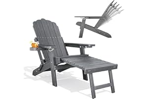 Qsun Adjustable Backrest Folding Adirondack Chair with Ottoman & 2 Cup Holders, HIPS Weather Resistant Adirondack Chair, Outdoor Fire Pit Chair for Beach, Pool, Deck, Porch, Yard, Lawn, Grey