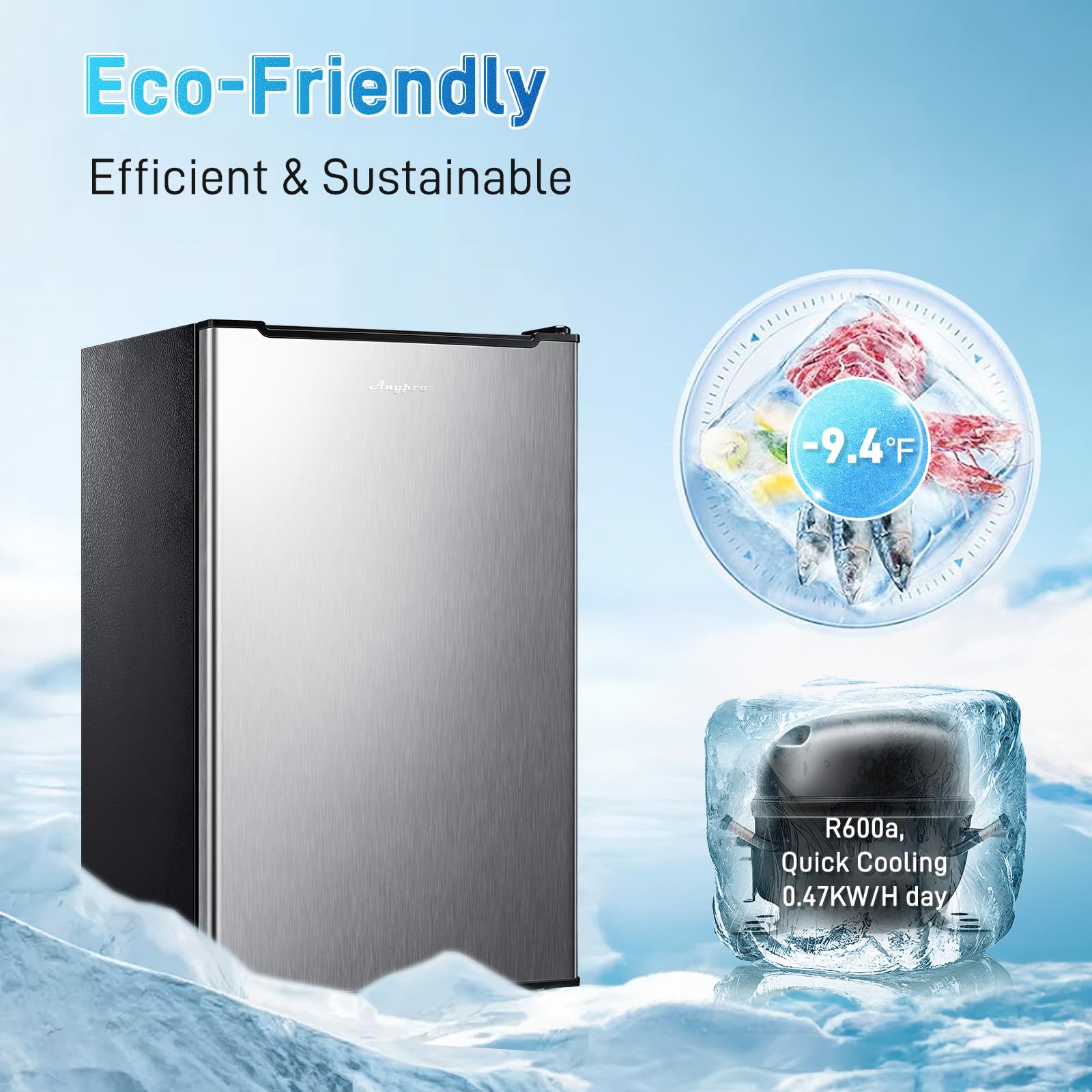 Anypro Compact Mini Upright Freezer 3 Cu.Ft with 3 Pull-down Drawer Doors and Adjustable Thermostat, Single Door Small Deep Standing Freezer Rapid Cooling for Home, Office, Dorm, Garage, Silver