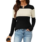 Simlakey Women Sweater Color Block Long Sleeve 2026 Spring Stylish V Neck Pullover Knit Casual Loose Fit Lightweight Top
