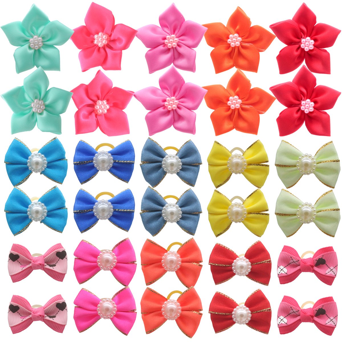 HOLLIHI 30pcs / 15 Pairs Adorable Grosgrain Ribbon Pet Dog Hair Bows with Rubber Bands - Puppy Topknot Cat Kitty Doggy Grooming Hair Accessories Bow knots Headdress Flowers Set for Groomer