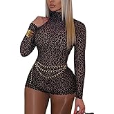 Molilove Womens Cheetah Print Romper Sexy Bodycon Shorts Jumpsuit Long Sleeve Crew Neck One Piece Outfits Y2K Trendy Clothes