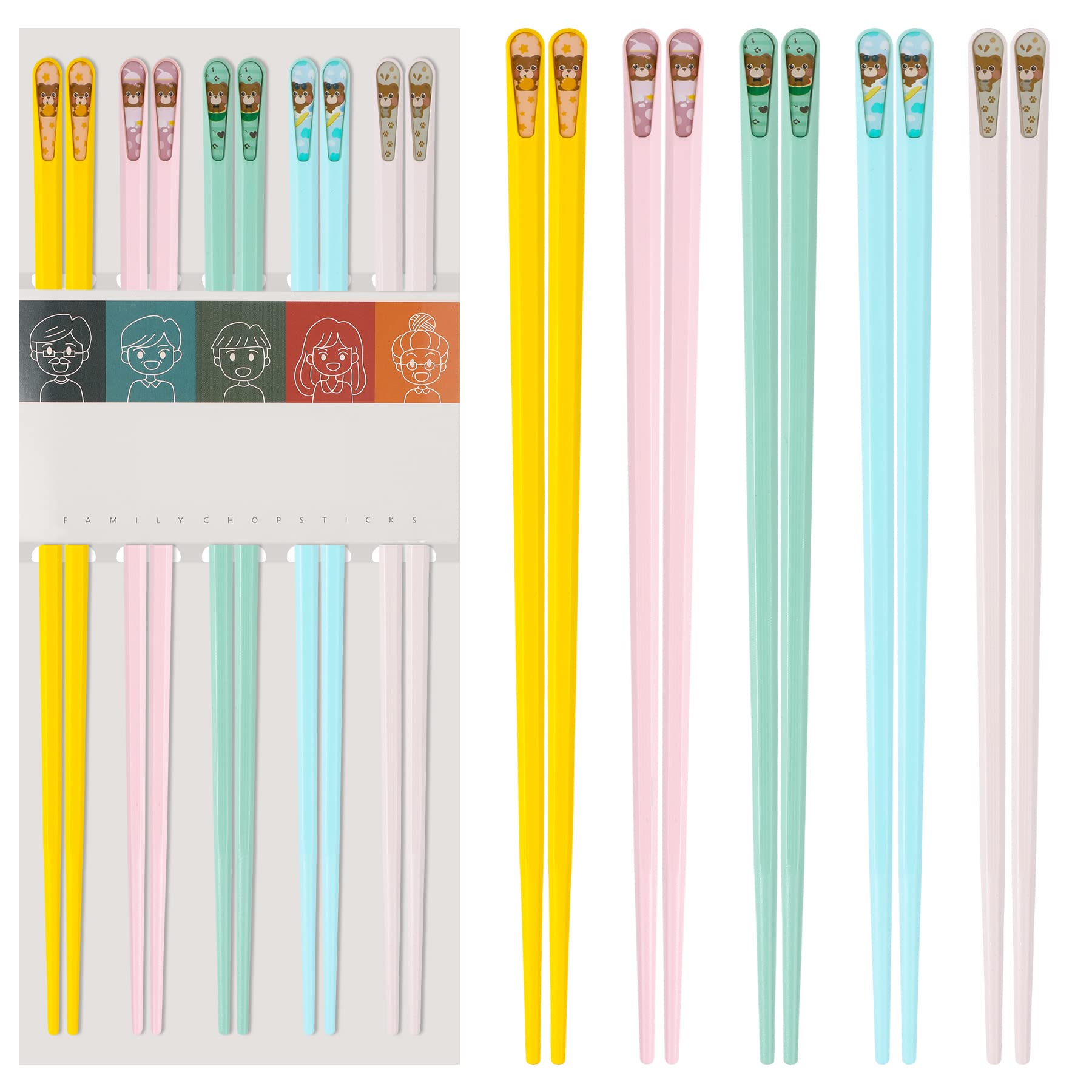 5 Pairs Fiberglass Reusable Chopsticks Dishwasher Safe, Slivek 9.5inch Premium Lightweight Non-slip Chopsticks, Japanese Chinese Korean Chop Sticks Gfit, Colourful