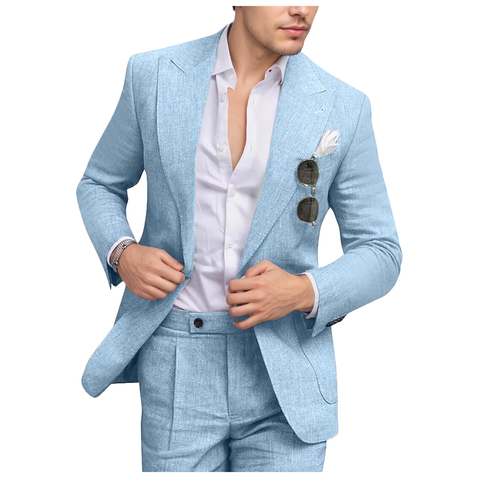 Photo 1 of Linen Men Suit Slim Fit 2 Piece Summer Beach Wedding Suits Light Blue Casual Suit Blazer Pants Set for Groomsmen M