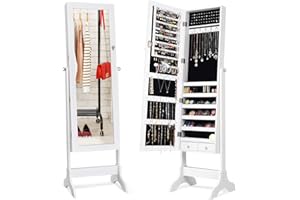 Giantex Lockable Standing Jewelry Armoire with Full Length Mirror, Large Storage Capacity Jewelry Cabinet Organizer with 2 Drawers, 4 Angle Adjustable, Extra Wide Mirror for Women Girls (White)