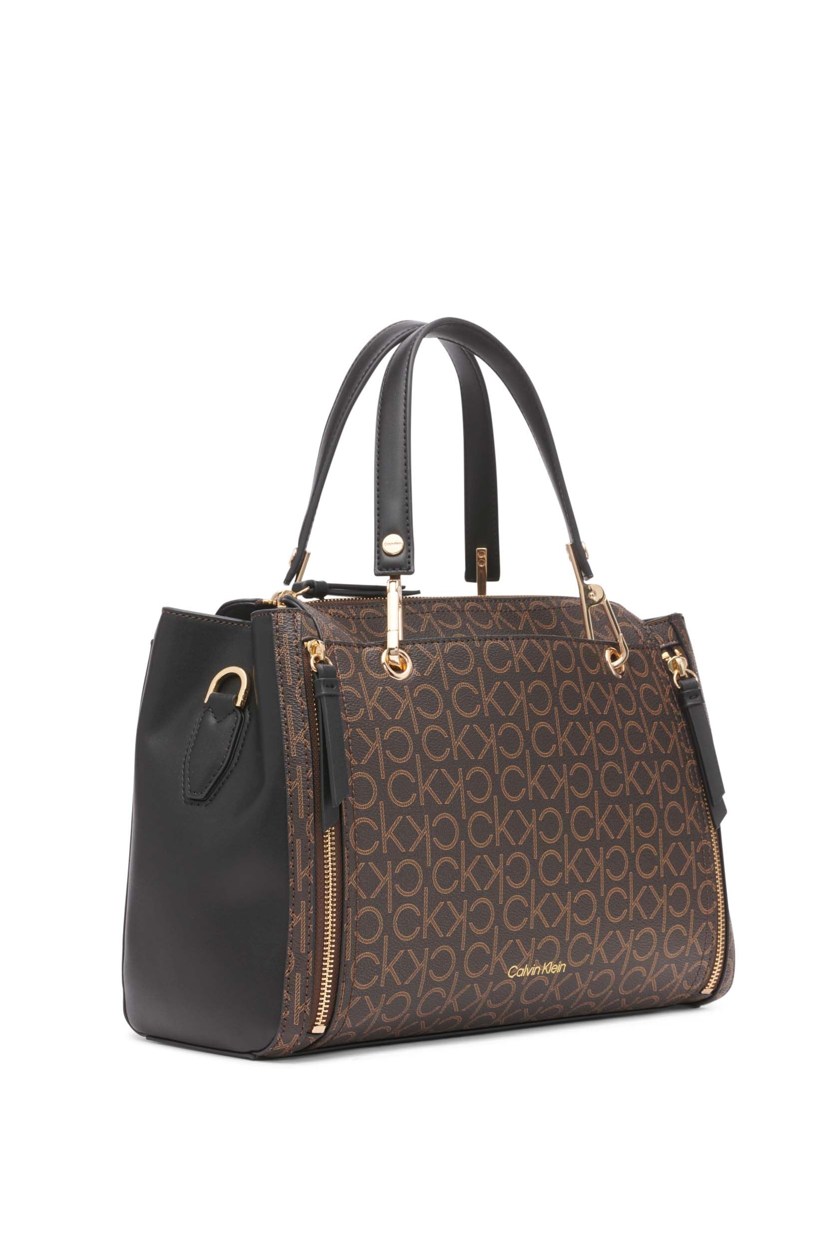 Calvin Klein Women's Organization Elaine Bubble Lamb Novelty Satchel, Brown/Khaki/Black Linear, One Size