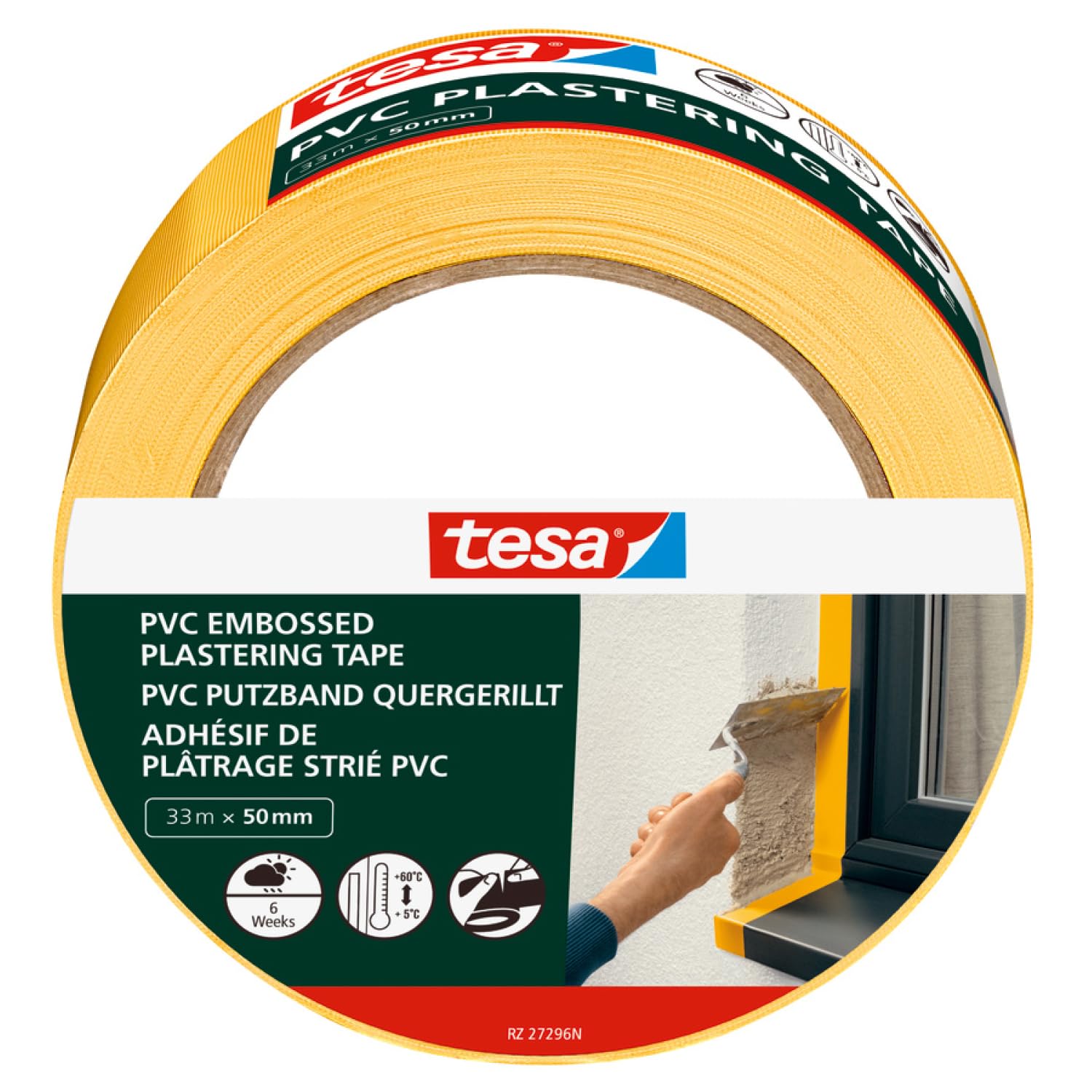 tesa Plastering Tape PVC Embossed - Plastering tape roll with PVC base material, tearable by hand - for protection when plastering outdoors - yellow - 33 m x 50 mm