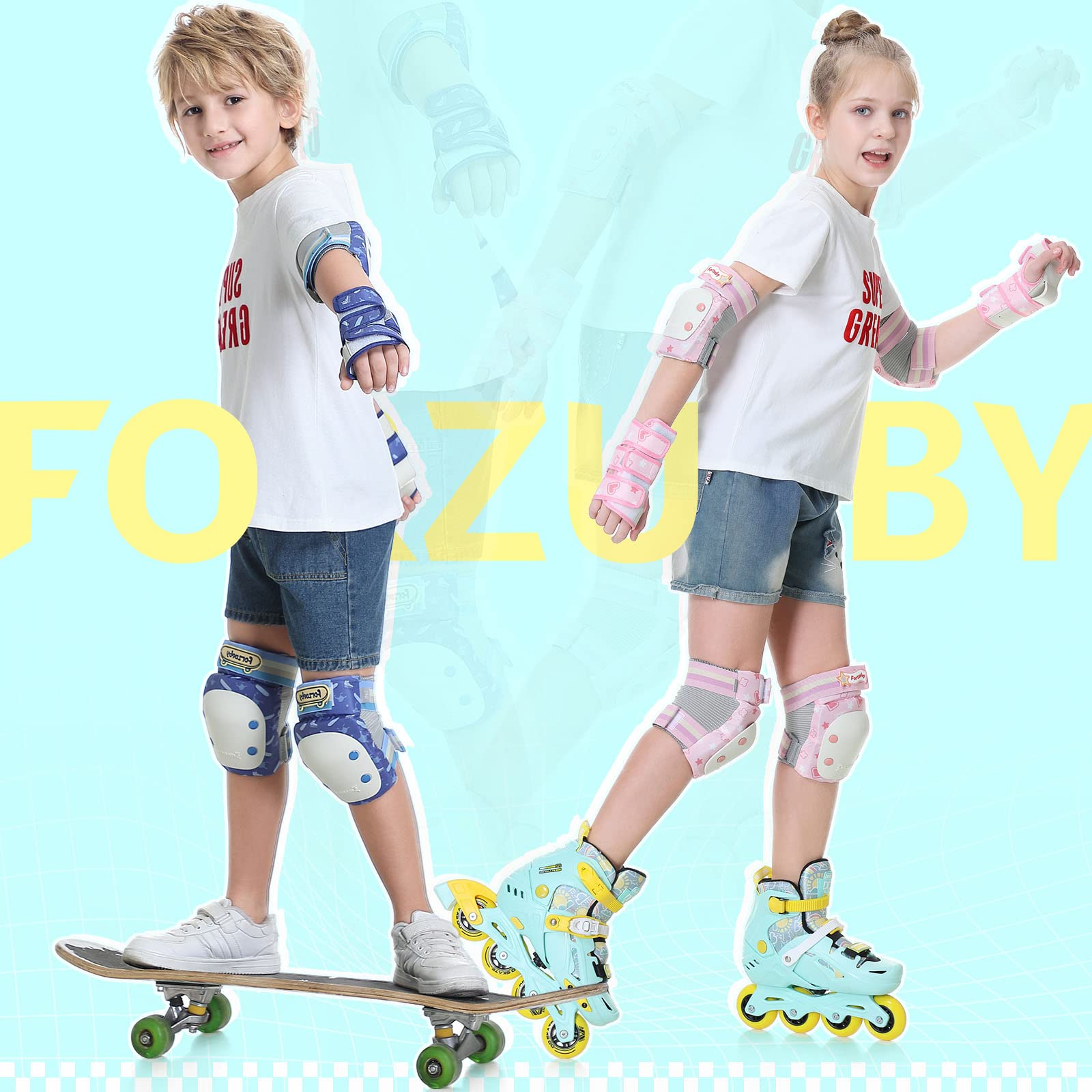 Forzueby Adult/Kids Knee Pads Elbow Pads Wrist Guards 6 in 1 Protective Gear Set for Inline Roller Skating Skateboarding Scooter BMX etc.