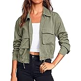 Onedreamer Women's Military Safari Cropped Jackets Button Down Lightweight Oversized Utility Anorak Coat with Pockets