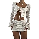 SHENHE Women's Y2k Lace Open Front Tie Up Top Long Sleeve Frilly Sexy Going Out Crop Shirt