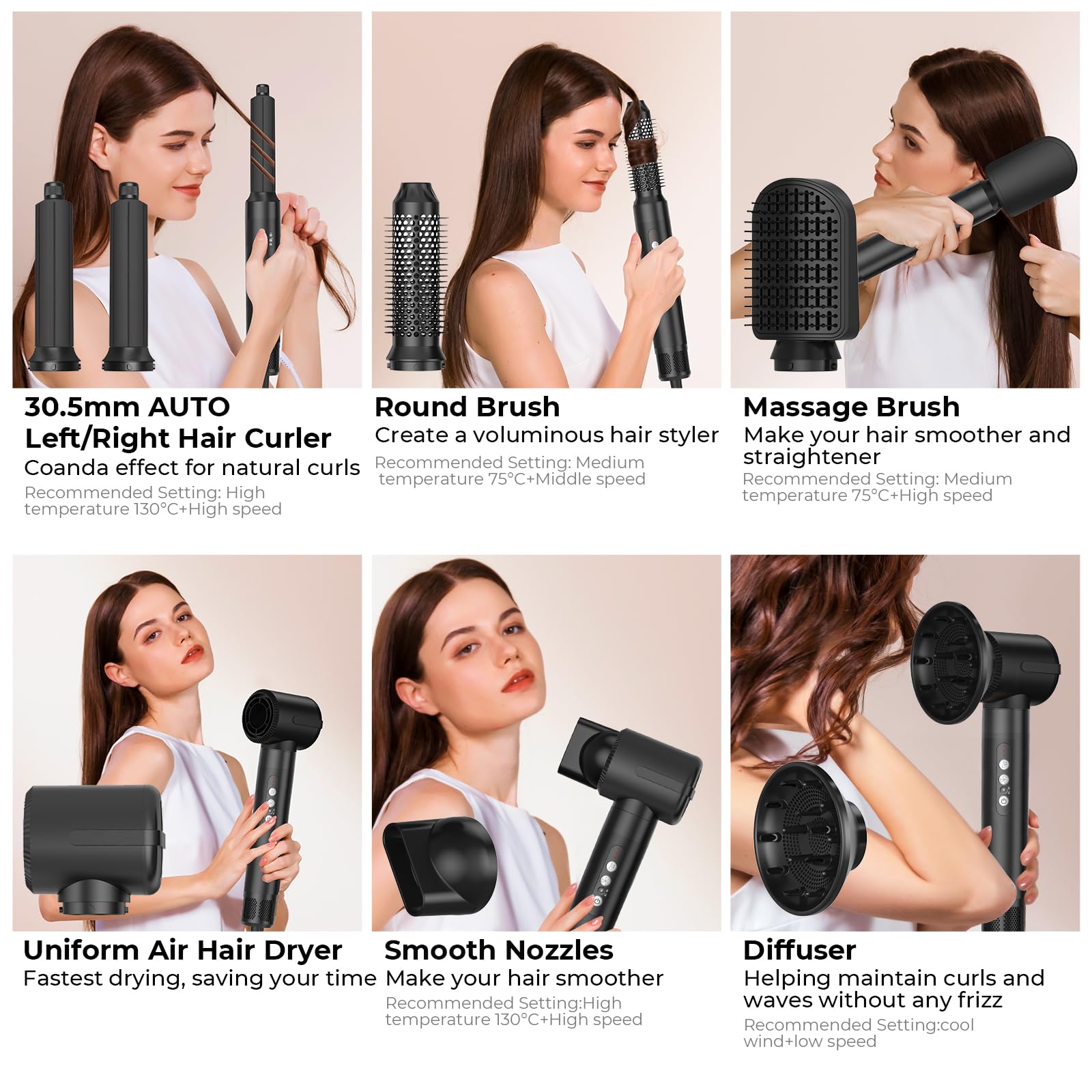 7 in 1 Hairstyler,1400w Föhn mit Diffusor Haartrockner mit 3 Temperatur, Multi Air Styler Set, 30mm Air Lockenstab,Stylingbürsten für Trocknen, Locken,Glätten,Styling,110000 RPM Motor Schnell Trocknen 2
