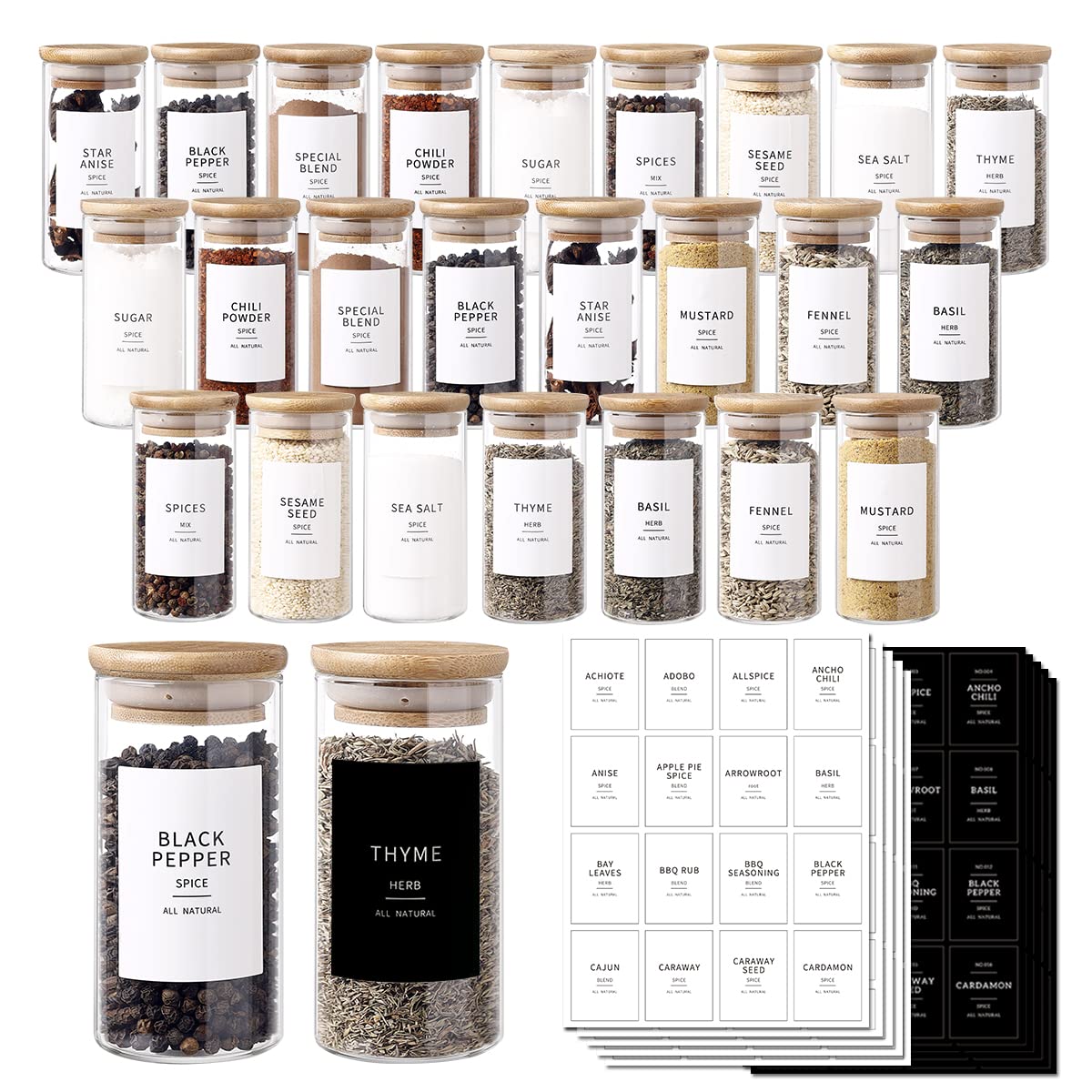 Photo 1 of CZZGSM 24 Pcs Glass Jars With 296 Spice Labels Preprinted of White and Black Color- 4oz Thicken(2.4mm) Empty Small Herb Seasoning Containers With Bamboo Airtight Lids