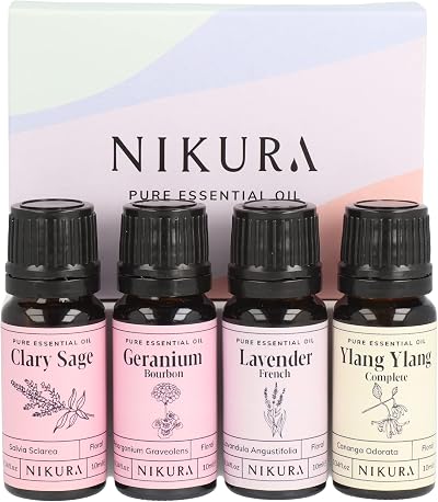 Nikura Floral Essential Oil Gift Set 4 x 10ml Clary Sage Geranium Lavender