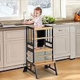 COSYLAND Toddler Standing Tower - Adjustable Height Toddler Kitchen Stool Helper - Kids Kitchen Step Stool for Learning with Removable Safety Railing Black&Natural