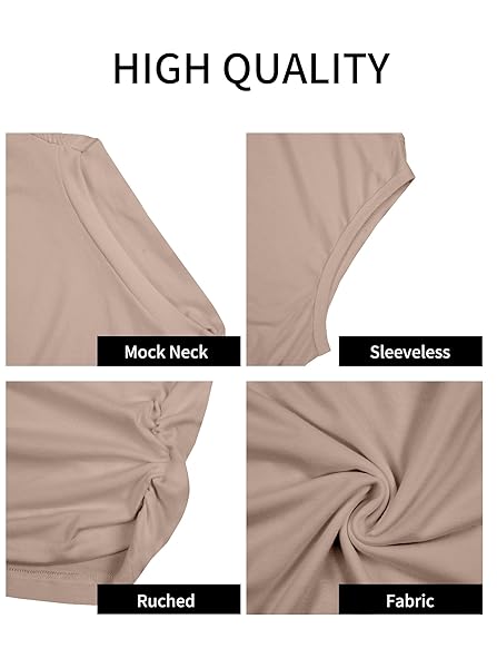 SOFIA’S CHOICE WOMEN’S SEXY SLEEVELESS MOCK NECK CROP TANK TOP SIDE RUCHED SLIM FIT SHIRT KHAKI MEDIUM