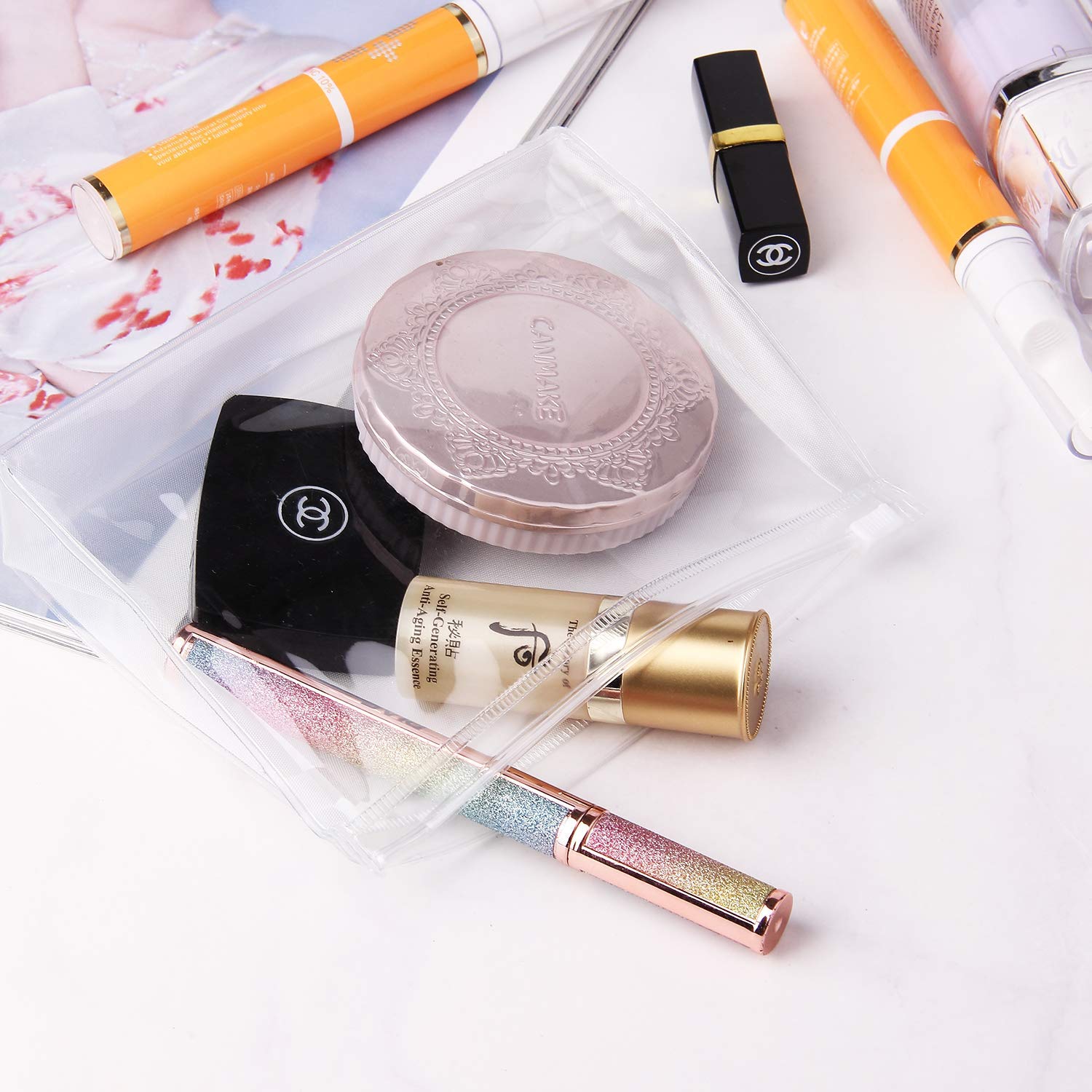 sansheng 20Pcs Mini Small PVC Transparent Plastic Cosmetic Organizer Bag Pouch With Zipper Closure for Vacation Travel, Bathroom and Organizing Waterproof Makeup Bag : Beauty