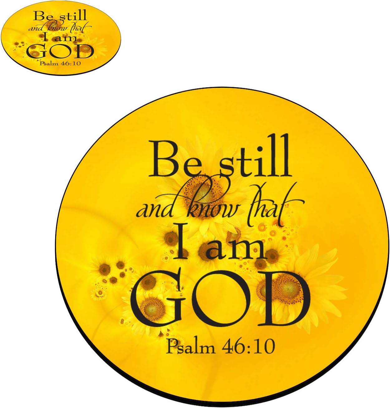 Round Mouse Pad and Coasters Set, Sunflower Surface Quotes Bible Psalm 46:10 Mousepad, Non-Slip Rubber Round Gaming Mouse Pad, Customized Mouse Mat for Home Office Business Gaming