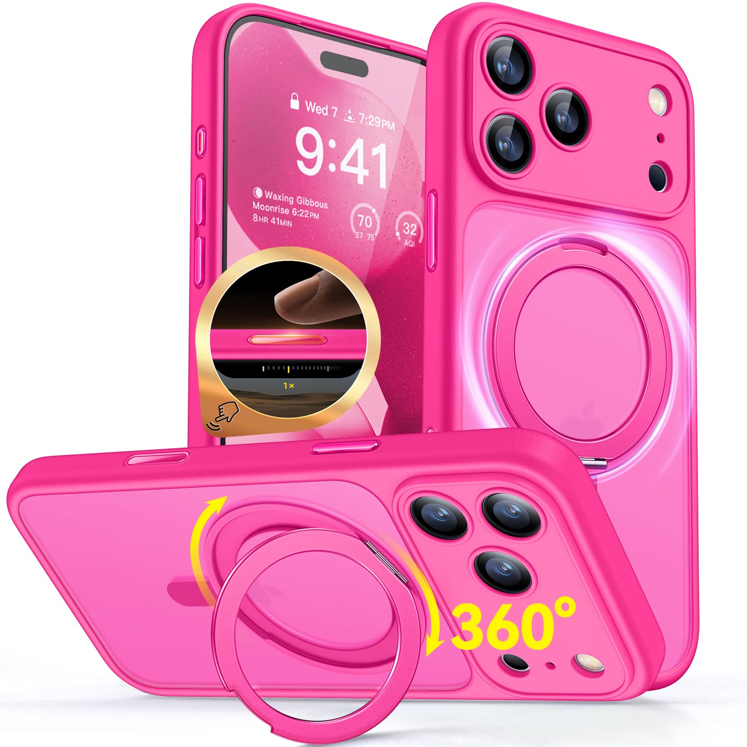 Photo 1 of CANSHN 360° Spin Magnetic Stand for iPhone 17 Pro Max Case with Camera Control [Full Camera Protection] [Compatible with Magsafe] Translucent Matte Shockproof Protective Phone Cover 6.9" - Hot Pink