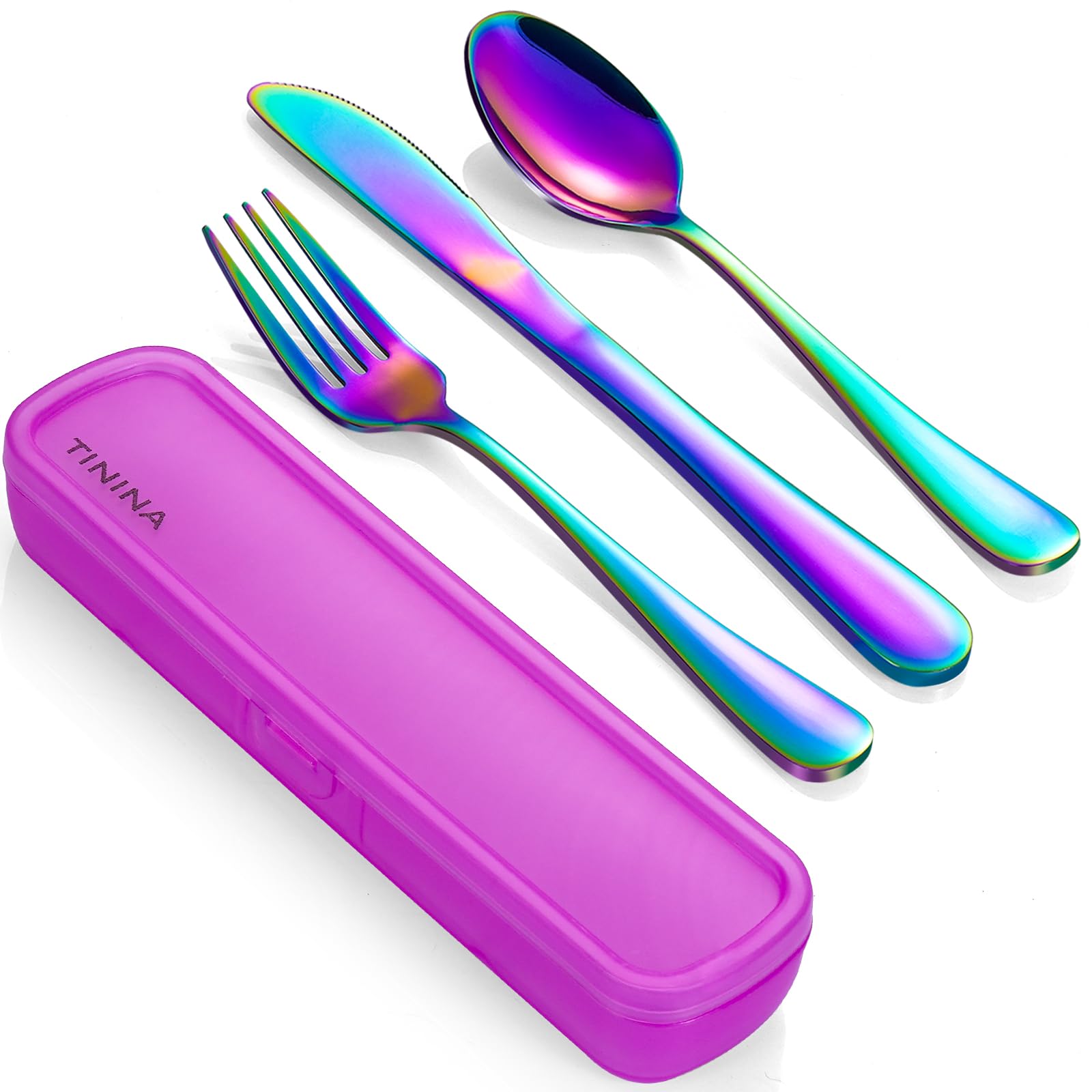 Photo 1 of **Damaged case**Travel Utensils with Case, 4-Piece Stainless Steel Portable Cutlery Set, Reinforced Case with Buckle Design, Lunch Box for Camping Work School, Include Fork Spoon Knife, Dishwasher Safe, Rainbow
