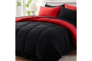 Anluoer Queen Comforter Set 7 Piece, Reversible Bed in a Bag Queen Size, Lightweight Bedding Set with 1 Comforter(88"*88"), 2 Pillow Shams, 2 Pillowcases, 1 Flat Sheet, 1 Fitted Sheet, Red & Black