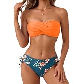 Tempt Me Women Strapless Bandeau Bikini Set Twist Front Two Piece Swimsuit | Detachable Shoulder Straps, Molded Cup Design, Anti-slip Strips, Side Tie Bikini Bottom, Low Rise Fit