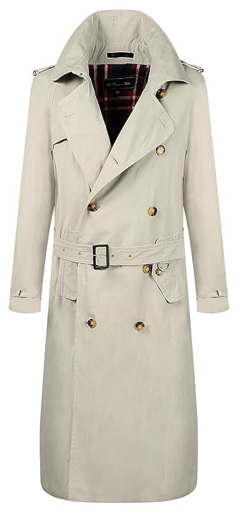 Herren Steinbeige Traditional Zweireiher Langer Trenchcoat Baumwolle Military Regenmantel mac