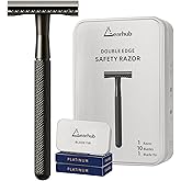 Gearhub Double Edge Safety Razor Stainless Steel Metal Reusable Wet Shaving Razor with 10 Swedish Platinum Blades for Men Women Barber Bikini Armpit Hair, Matte Black GRB3G