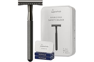 Gearhub Double Edge Safety Razor Stainless Steel Metal Reusable Wet Shaving Razor with 10 Swedish Platinum Blades for Men Women Barber Bikini Armpit Hair, Matte Gunmetal Black GRB3G