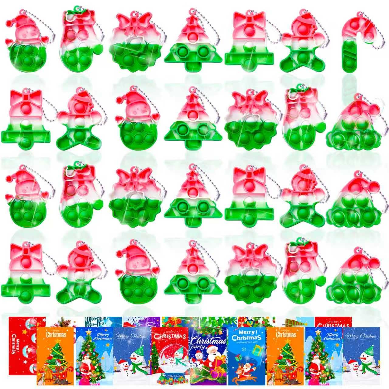 TOANWOD 64PCS Large Christmas Stocking Fillers for Kids: Eve Box Fillers Party Bag Fillers - Xmas Fidget Toys Packs - Poppet Class Gifts Prize for Teenage Girl Boy (32 keychains + 32 cards)