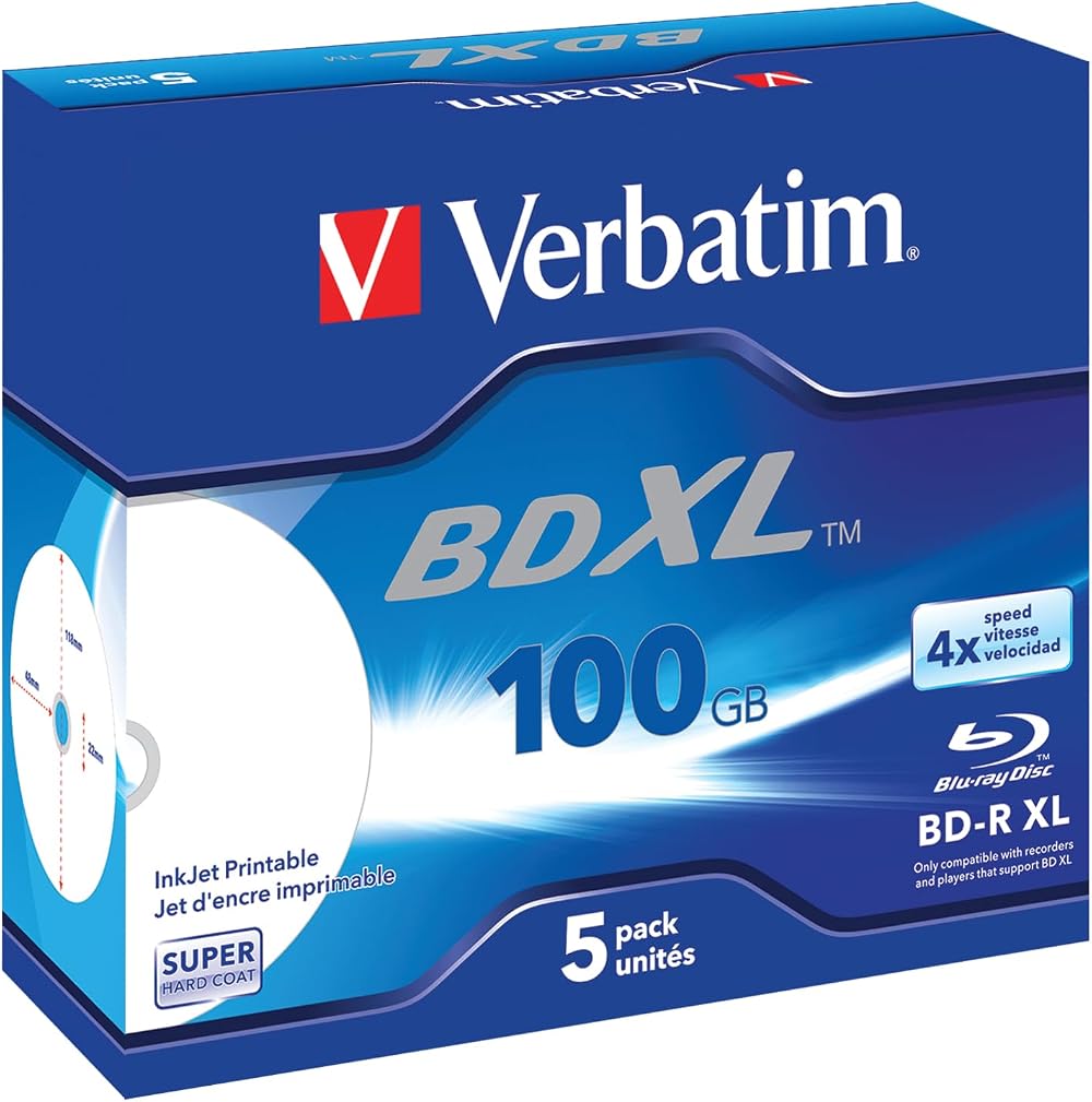 Verbatim BD-R XL 100GB Blu-ray Disc 4x Printable Jewel Case 5 Pack