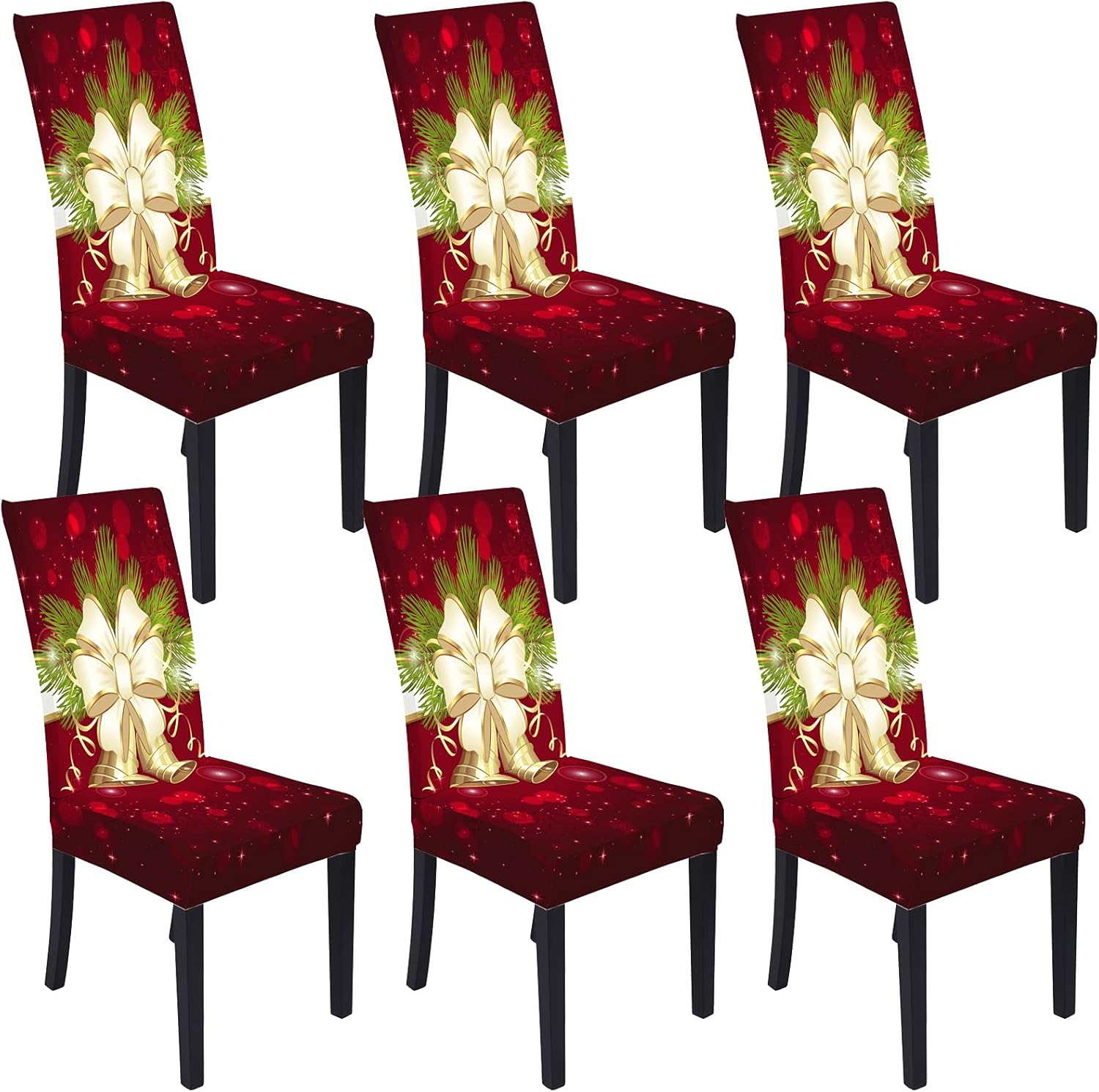 Slipcovers - Muuyi Christmas Chair Cover Stretch Chairs Slipcovers Seat Slipcover Christmas Furniture Protector for Dining Room Ceremony Hotel, ChrismasBell - 6Pack