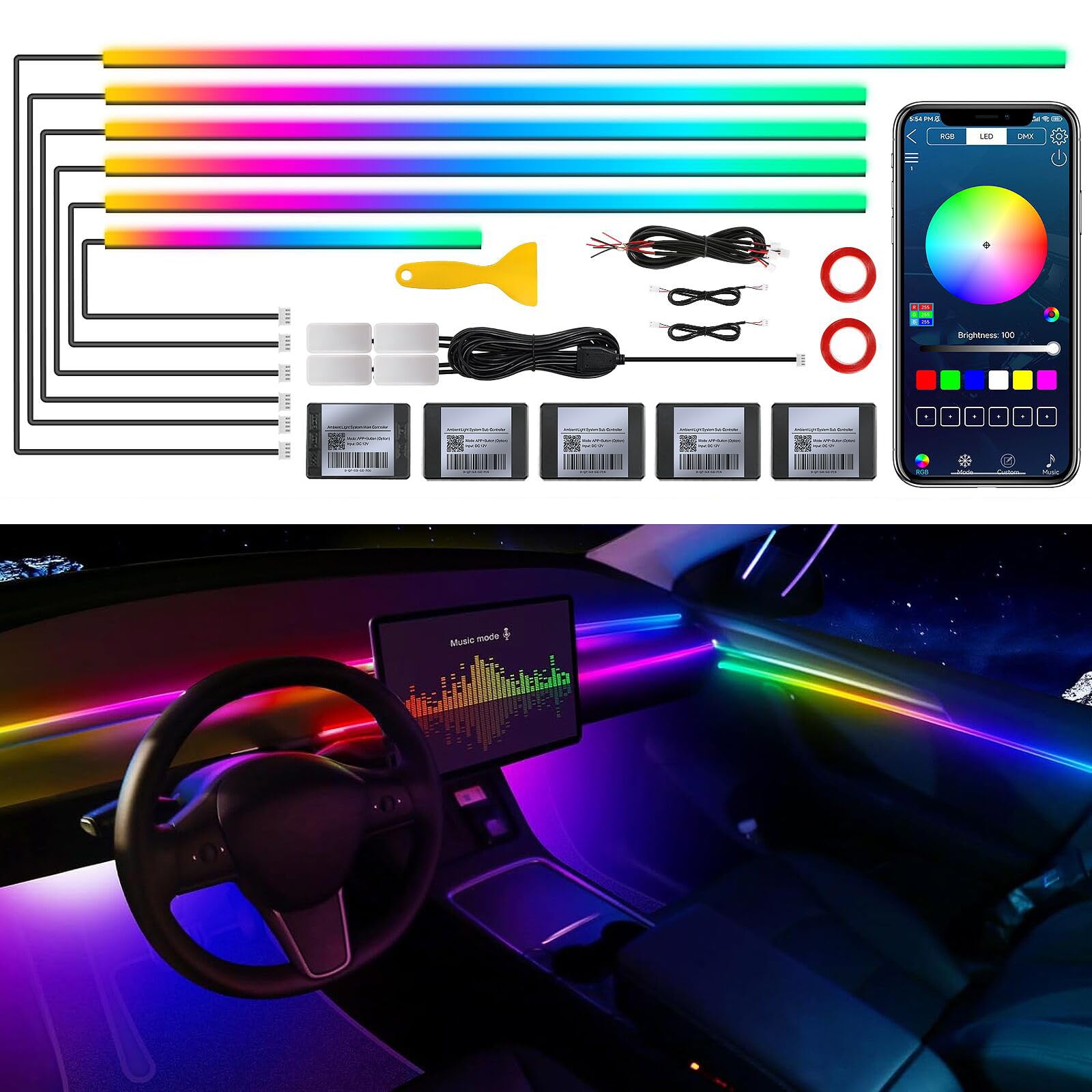 Photo 1 of Dreamcolor Acrylic Interior Car LED Strip Light with Wireless APP, RGB 10 in 1 with 175 inches 593 Neon Car Ambient Lighting Kits, Dynamic Chasing Music Sync LEDs Fiber Optic Strip Lights for Car