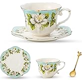 TATSUMI Country Roses Bone China Tea Cup and Saucer Set, 3 Pieces, Vintage Style, For Women and Tea Parties(Light Green, 1 set)