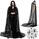 Hercicy Black Lace Cape Full Length Hooded Cloak Flower Gothic Witch Sheer Cape for Halloween Cosplay Vampire Costume Wedding