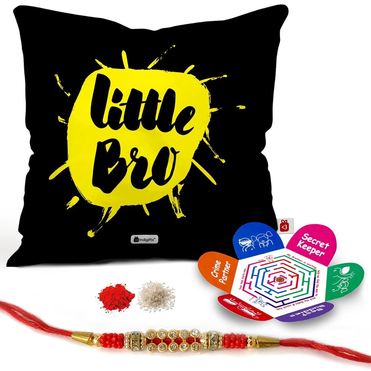 indigifts rakhi gifts-lilttle bro quote printed black satin cushion cover with filler, 12"x12", crystal rakhi, roli, chawal, greeting card