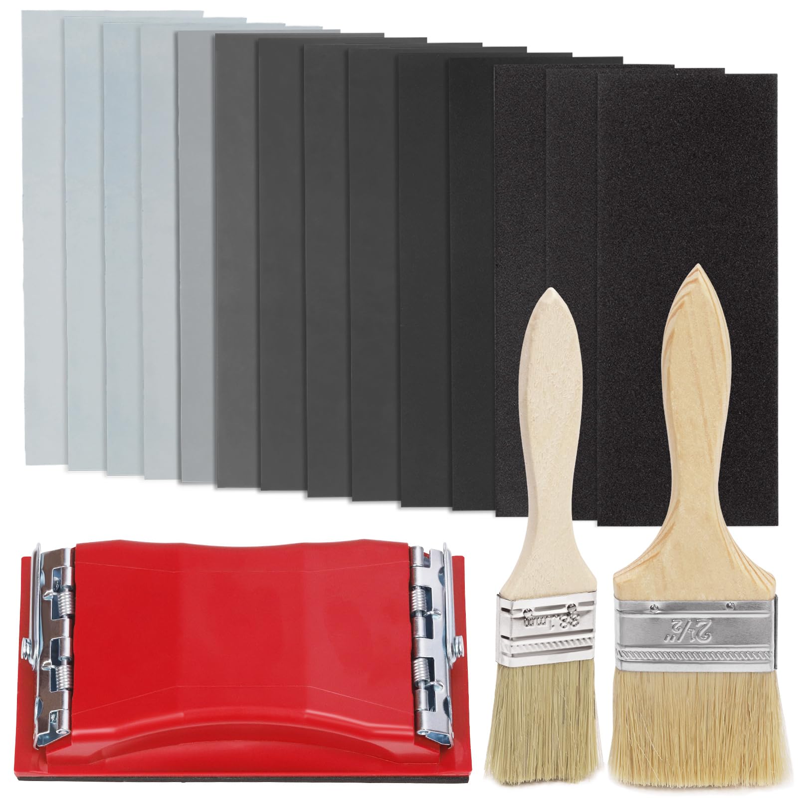 Keadic 45Pcs 120 to 3000 Assorted Wet & Dry Sandpapers Set with Sanding Block Sander and Brushes, 9x3.6 Inch Sand Paper Sheets for Finishing Wood Furniture Glass Metal Automotive Polishing