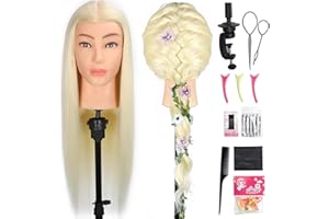 MQHIHI Mannequin Head Human Hair, 80% Real Hair Cosmetology Manikin Head for Practice Braiding Hairstyling Cutting with Free Clamp Holder and Tools (Blonde)